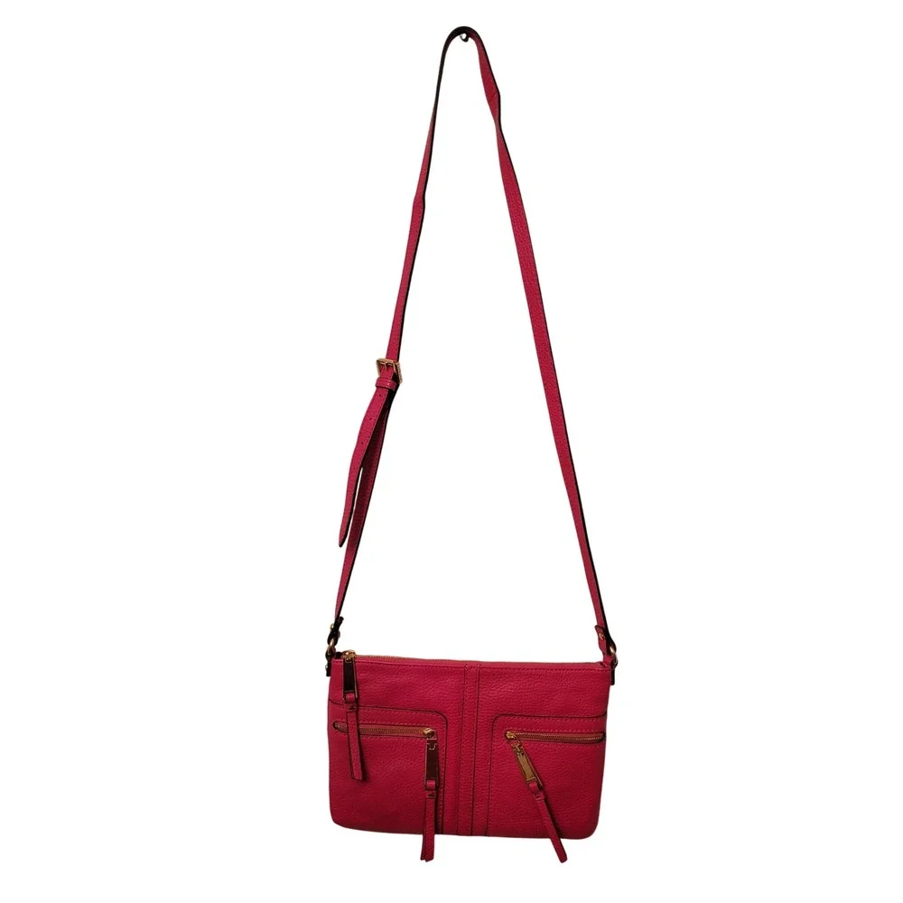 Tommy Hilfiger Crossbody Purse‎ Raspberry T Group Pebble Leather Gold Hardware